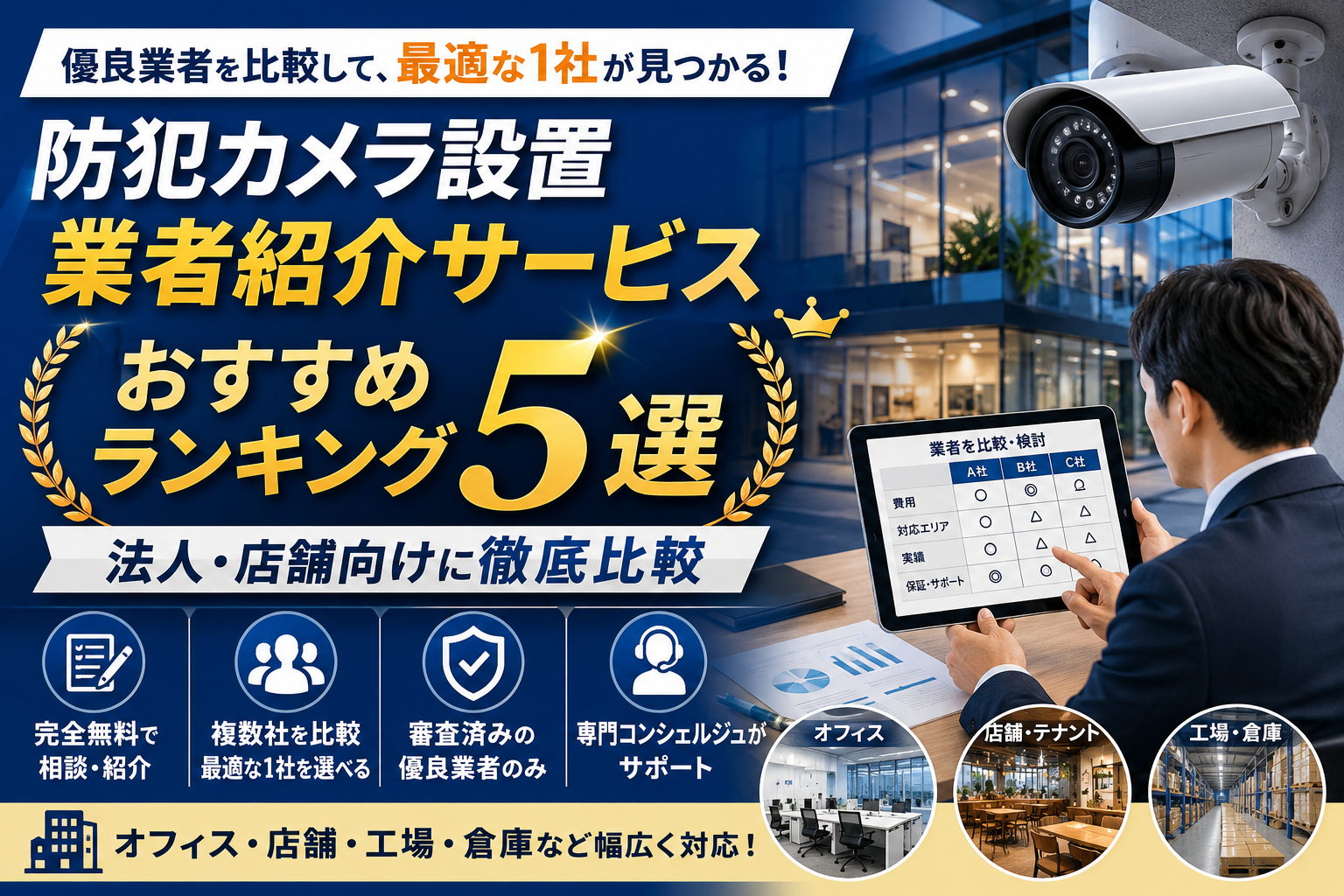 防犯カメラ設置業者紹介サービスおすすめランキング5選【法人・店舗向け】